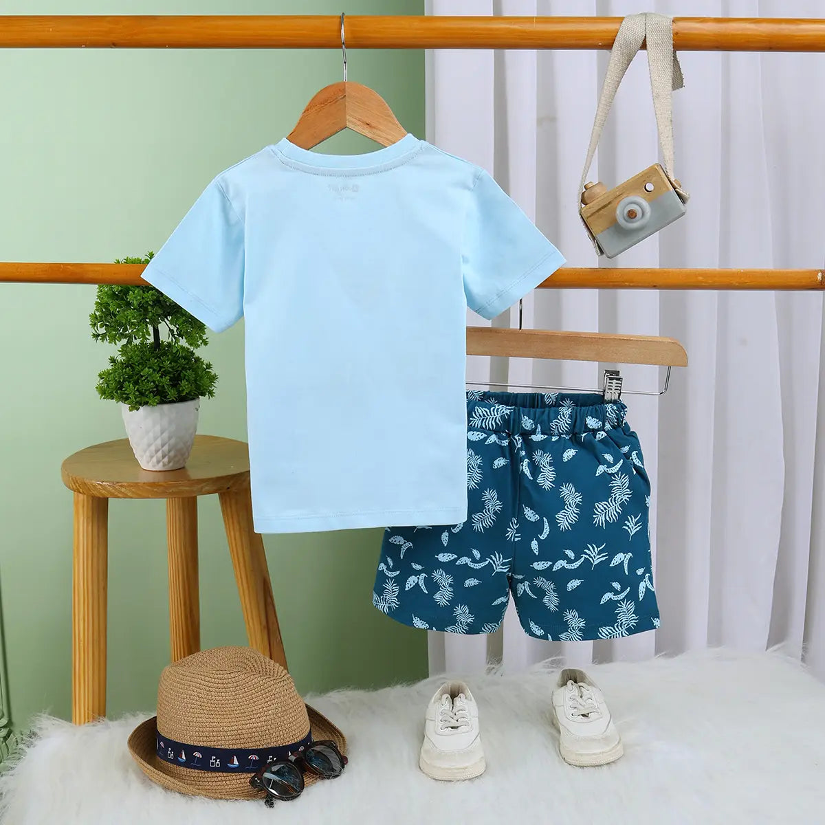 Boys Sky Blue Typographic Printed Short Sleeves T-Shirt With Pinted Drawstring Shorts Sets Sets