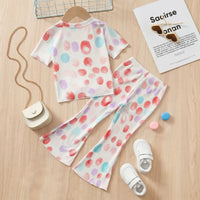 Girls Off White Polka Dot Printed Short Sleeve Top With Flared Pants Sets 2 pc. Sets