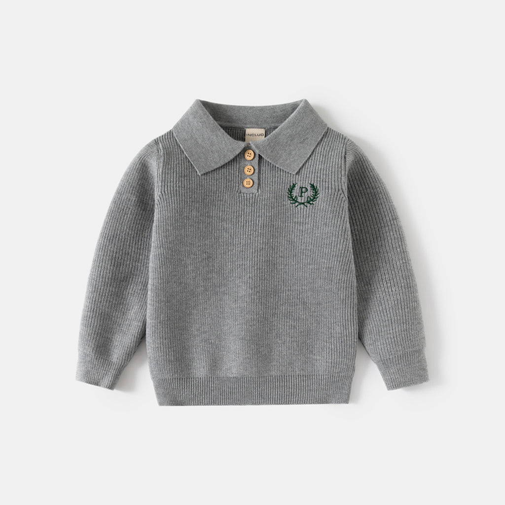 Boys Grey Self-Design Polo Sweater Sweaters & Cardigans