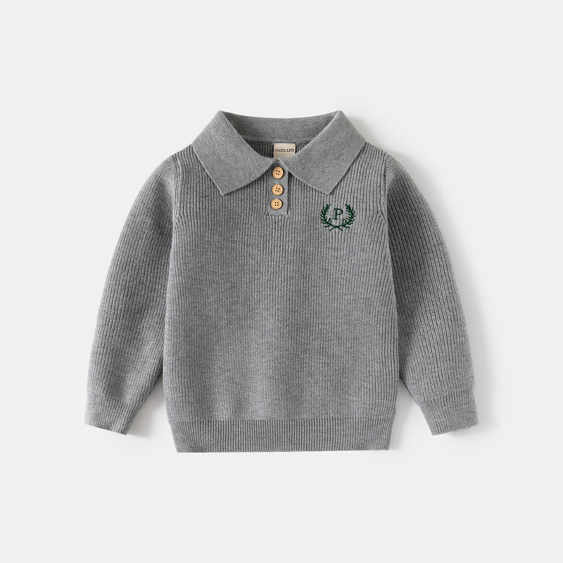 Boys Grey Self-Design Polo Sweater Sweaters & Cardigans