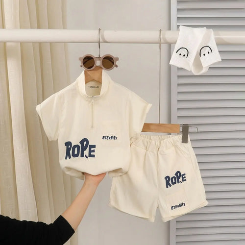 Boys Beige Typographic Printed Short Sleeve T-Shirt With Elasticated Shorts Sets 2 pc. Sets Beige 1-2 Y