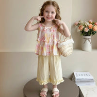 Girls Pink Ruffle Peplum Top With Crop Pants Sets Sets Pink 1-2 Y