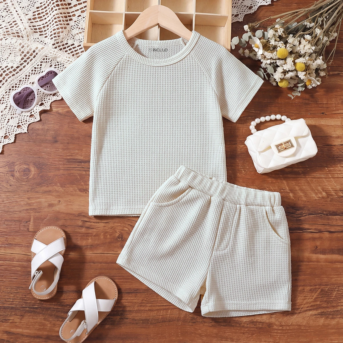 Boys Cream Waffle Knit Raglan Sleeve T-Shirt With Shorts Sets 2 pc. Sets Cream 1-2 Y