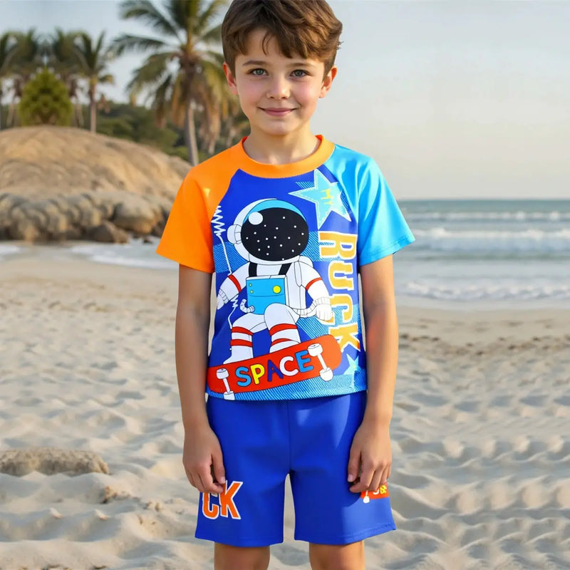 Boys Blue Space Themed Short Sleeves T-Shirt & Shorts Swimsuit Sets Sets