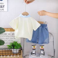 Boys Off White Bear Printed Polo T-Shirt With Denim Shorts Set Sets