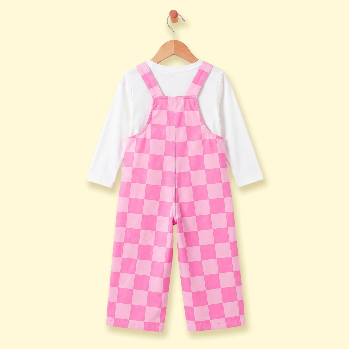 Girls White T-Shirt With Checked Dungaree Sets Sets