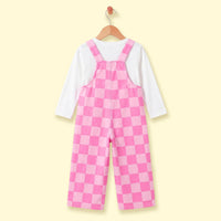 Girls White T-Shirt With Checked Dungaree Sets Sets