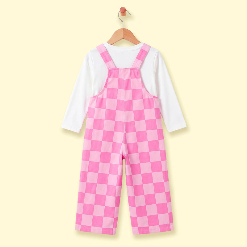 Girls White T-Shirt With Checked Dungaree Sets Sets