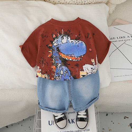 Boys Brown Dinosaur Graphic T-Shirt With Denim Shorts Set 2 pc. Sets