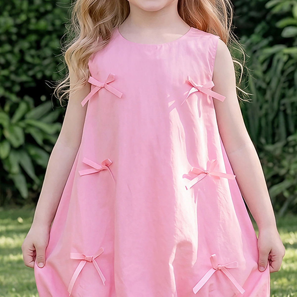 Girls Pink Bow Applique Sleeveless Balloon Dress Casual Dresses