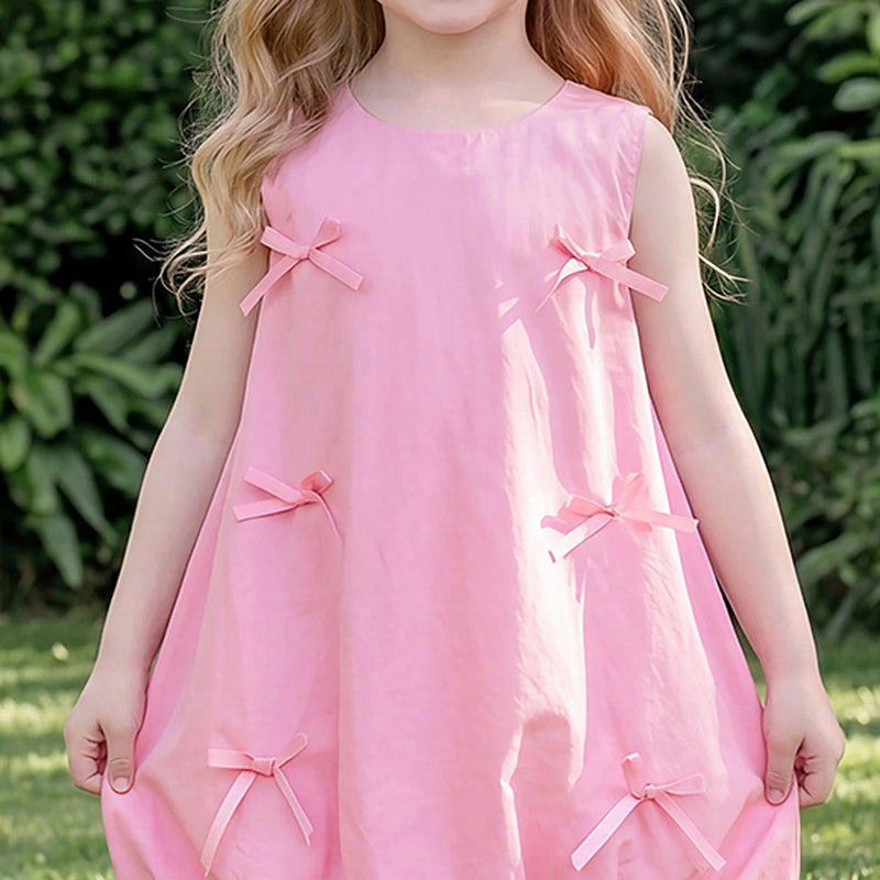 Girls Pink Bow Applique Sleeveless Balloon Dress Casual Dresses