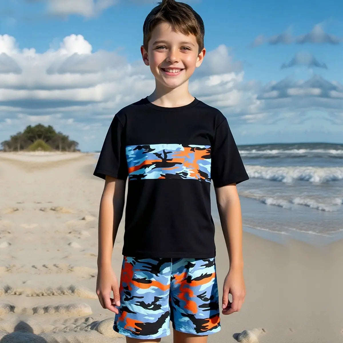 Boys Black Camouflage Printed Short Sleeves T-Shirt & Shorts Swimsuit Sets Sets