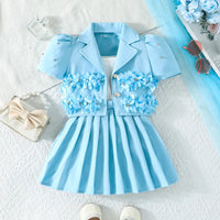 Girls Blue Floral Applique Top With Camisole Top And Pleated Skirts Sets 3 pc. Sets