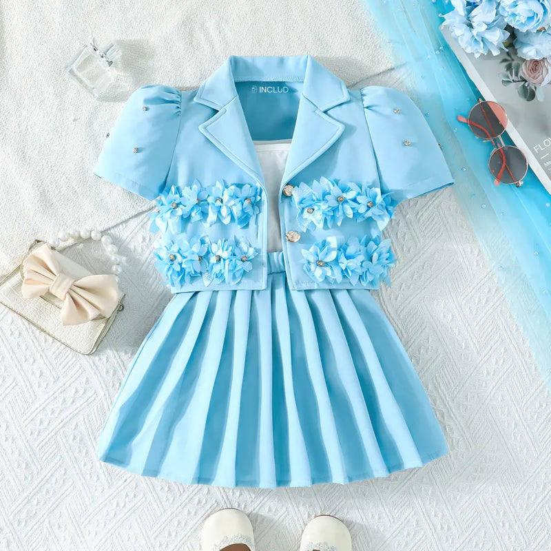 Girls Blue Floral Applique Top With Camisole Top And Pleated Skirts Sets 3 pc. Sets