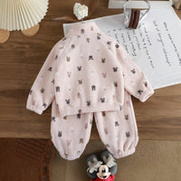 Girls Light Pink Fleece Bunny Cartoon Printed Zip-up Jacket With Jogger Co-ord Sets Sets