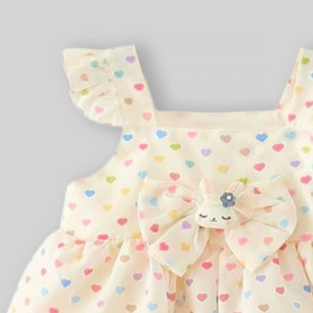 Girls Apricot Heart Print A-Line Dress With Bow Details Casual Dresses