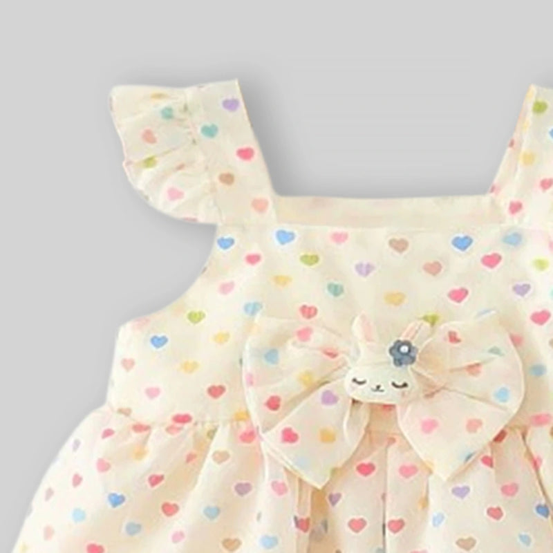 Girls Apricot Heart Print A-Line Dress With Bow Details Casual Dresses