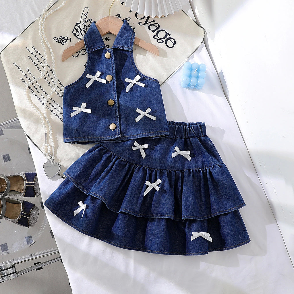 Girls Blue Denim Bow Applique Top & Tiered Skirts Co-ord Sets Sets Blue 3-4 Y