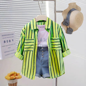 Girls Lime Green Stripe Shirt With Printed T-Shirt And Denim Shorts Sets 3 pc. Sets Lime Green 2-3 Y
