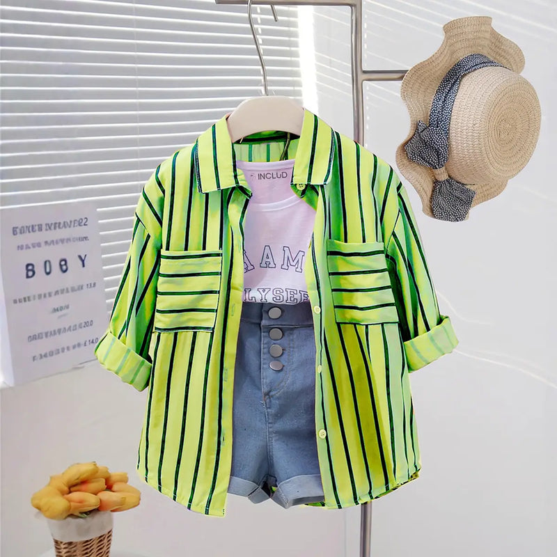 Girls Lime Green Stripe Shirt With Printed T-Shirt And Denim Shorts Sets 3 pc. Sets Lime Green 2-3 Y