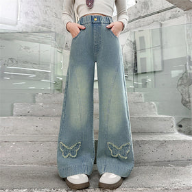Girls Light Blue Butterfly Applique Relaxed Fit Denim Jeans Pants