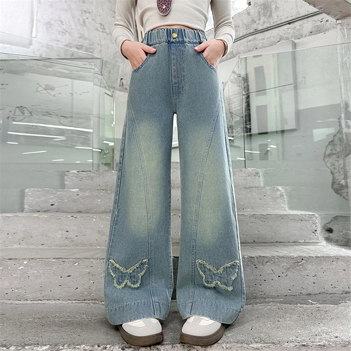Girls Light Blue Butterfly Applique Relaxed Fit Denim Jeans Pants