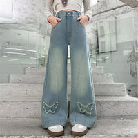 Girls Light Blue Butterfly Applique Relaxed Fit Denim Jeans Pants