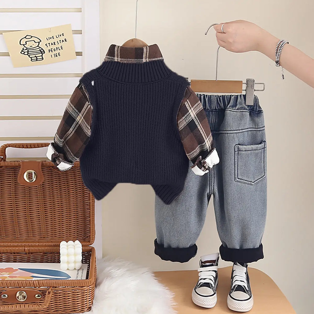 Boys Black Sweater Vest With Checked Shirt & Denim Pant Sets Sets