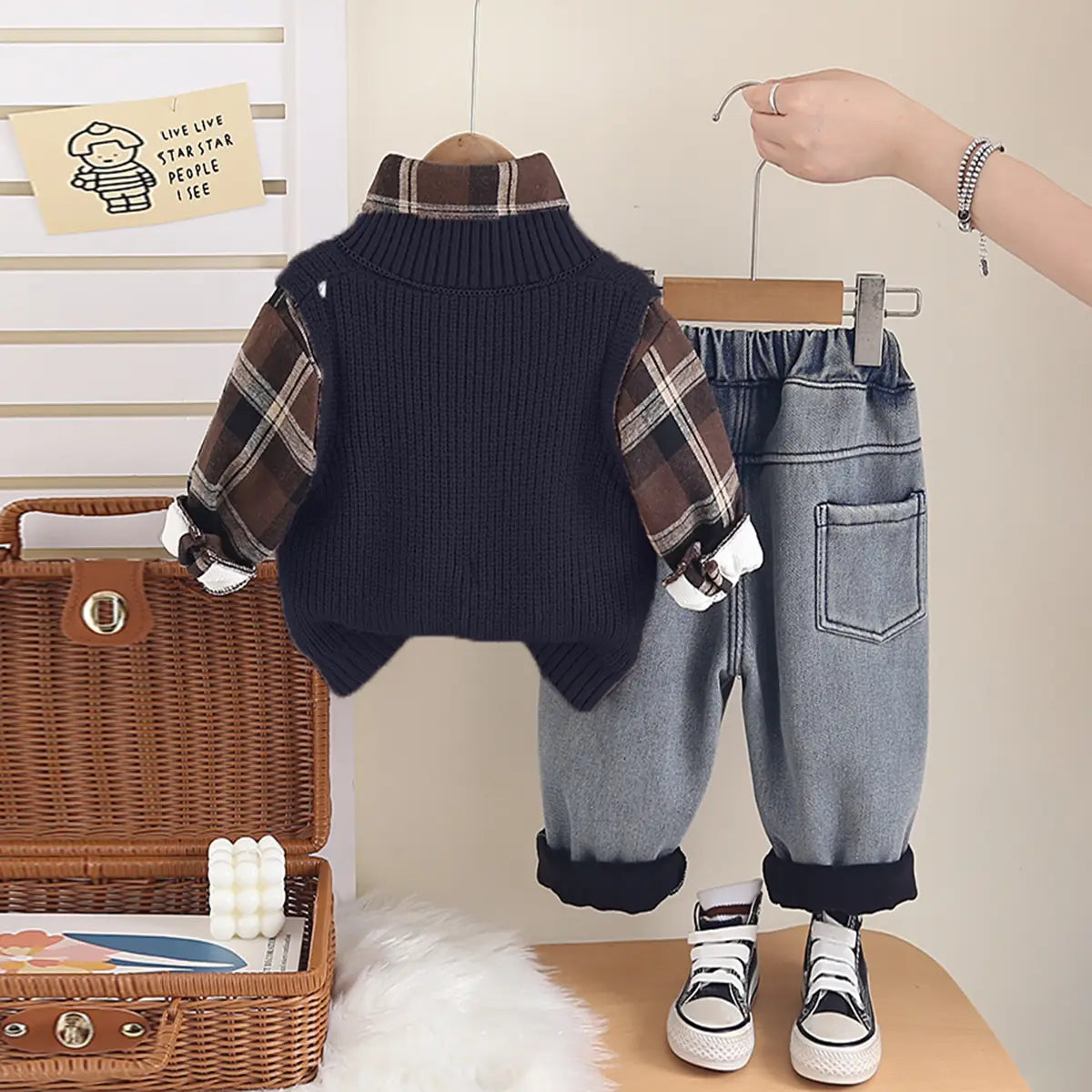 Boys Black Sweater Vest With Checked Shirt & Denim Pant Sets Sets