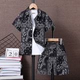 Boys Black Paisley Print Short Sleeve Shirt With Shorts Set