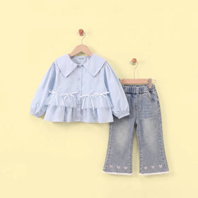 Girls Sky Blue Ruffled Top With Flared Denim Pants Sets Sets Sky Blue 2-3 Y