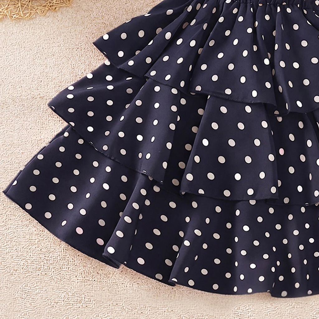 Girls Navy Blue Polka Dot Print Sleeveless Layered Dress Casual Dresses