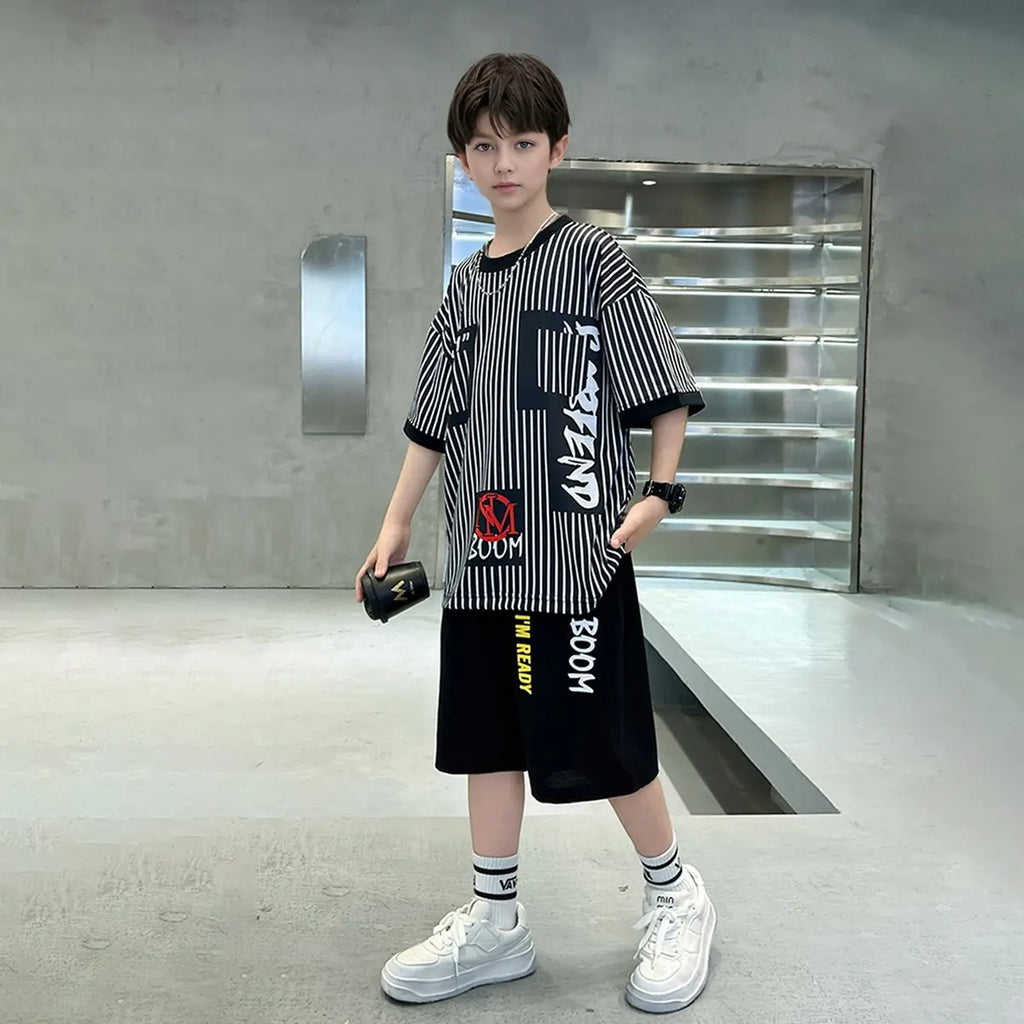 Boys Black Stripes Short Sleeves Oversized T-Shirt With Shorts Set Sets