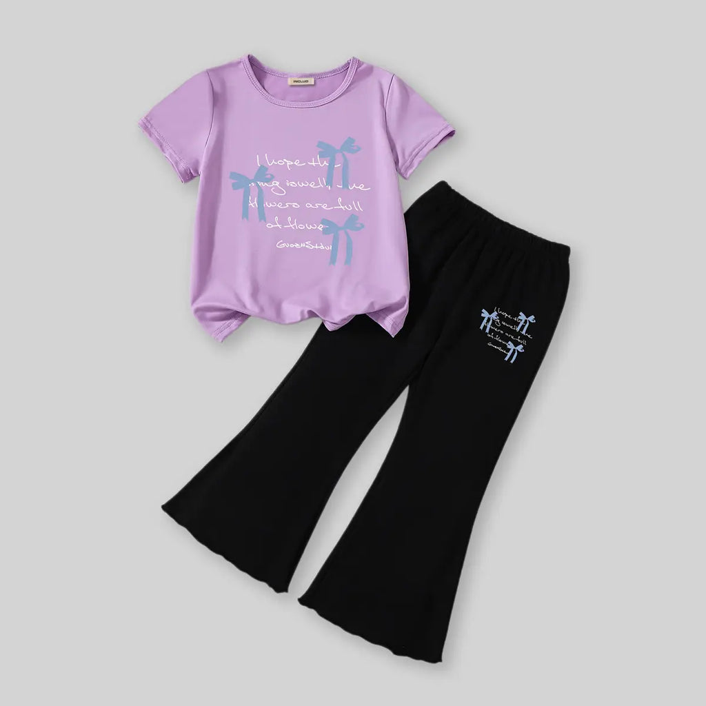 Girls Purple Three Bow Printed T-Shirt With flared Pants Sets Sets