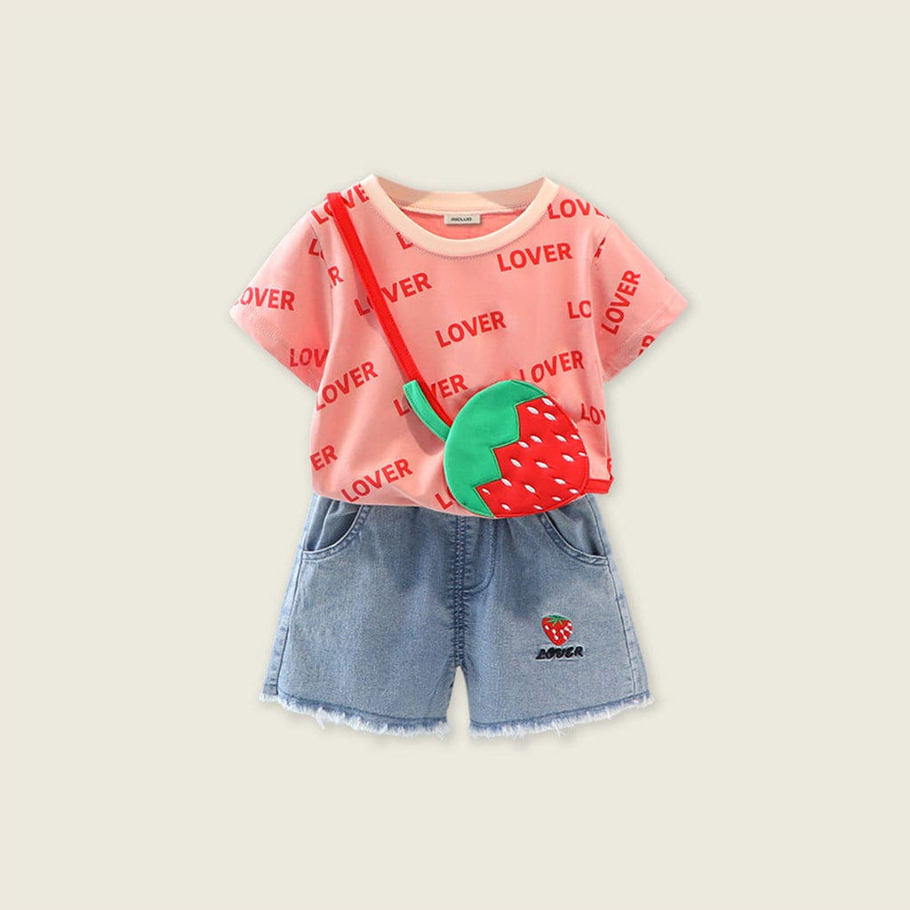 Girls Rose Red Strawberry Applique T-Shirt With Denim Shorts Sets Red 1-2 Y 