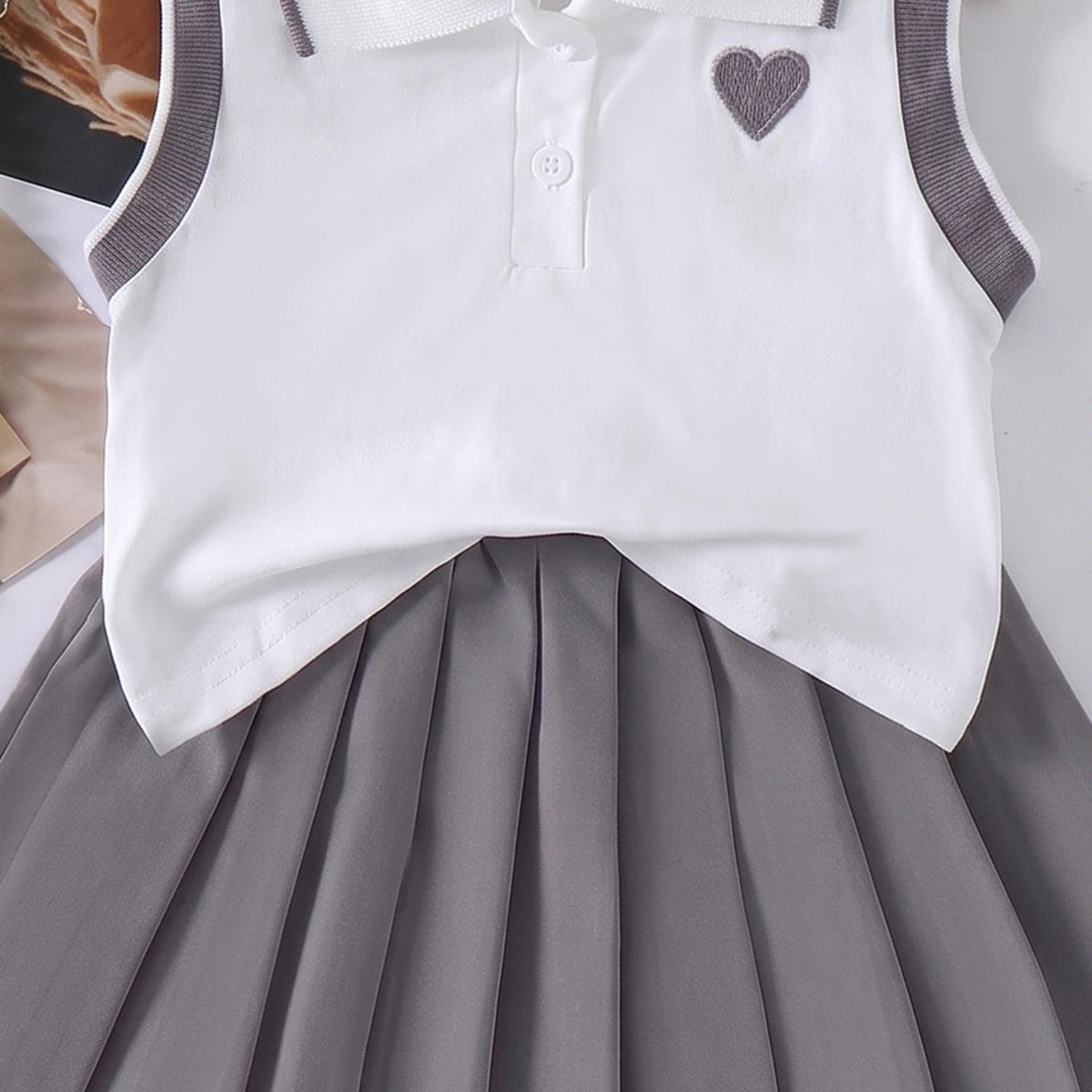 Girls Heart Embroidered Polo Top With Grey Pleated Skirt Sets 2 pc. Sets