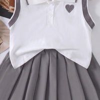 Girls Heart Embroidered Polo Top With Grey Pleated Skirt Sets 2 pc. Sets
