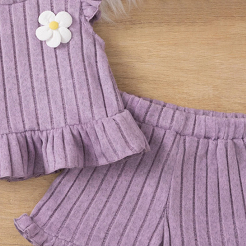 Girls Purple Self Stripes Top With & Shorts With Ruffle Details Co-ord Sets Sets