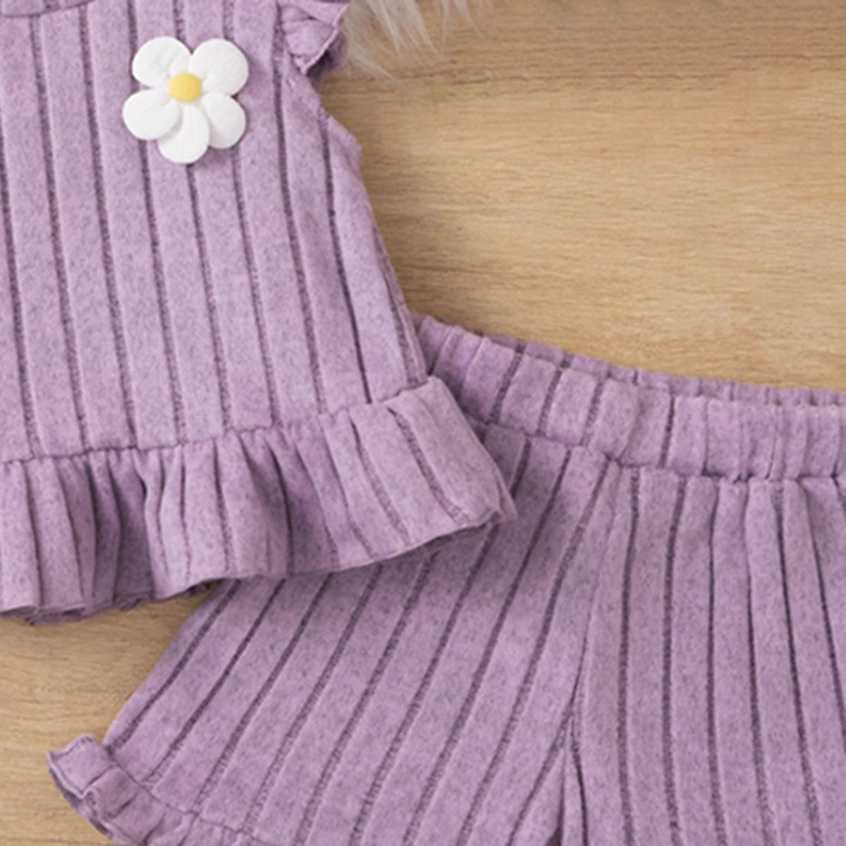 Girls Purple Self Stripes Top With & Shorts With Ruffle Details Co-ord Sets Sets