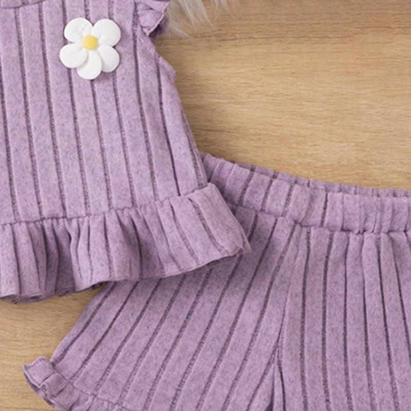 Girls Purple Self Stripes Top With & Shorts With Ruffle Details Co-ord Sets Sets