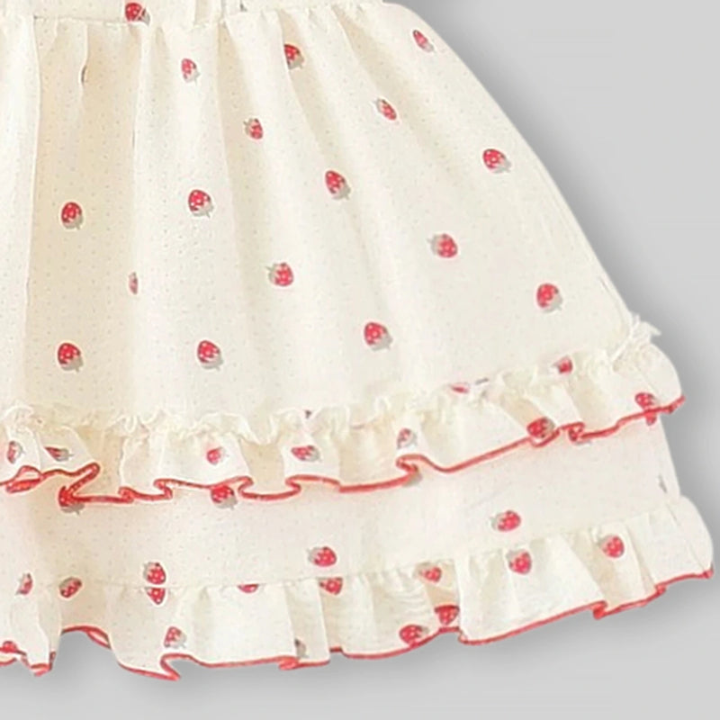 Girls Off White Strawberry Print Ruffle Fit & Flare Dress Casual Dresses