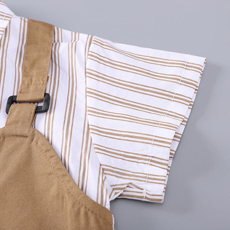 Boys Khaki Striped Short Sleeve Shirt With Shorts Set 2 pc. Sets