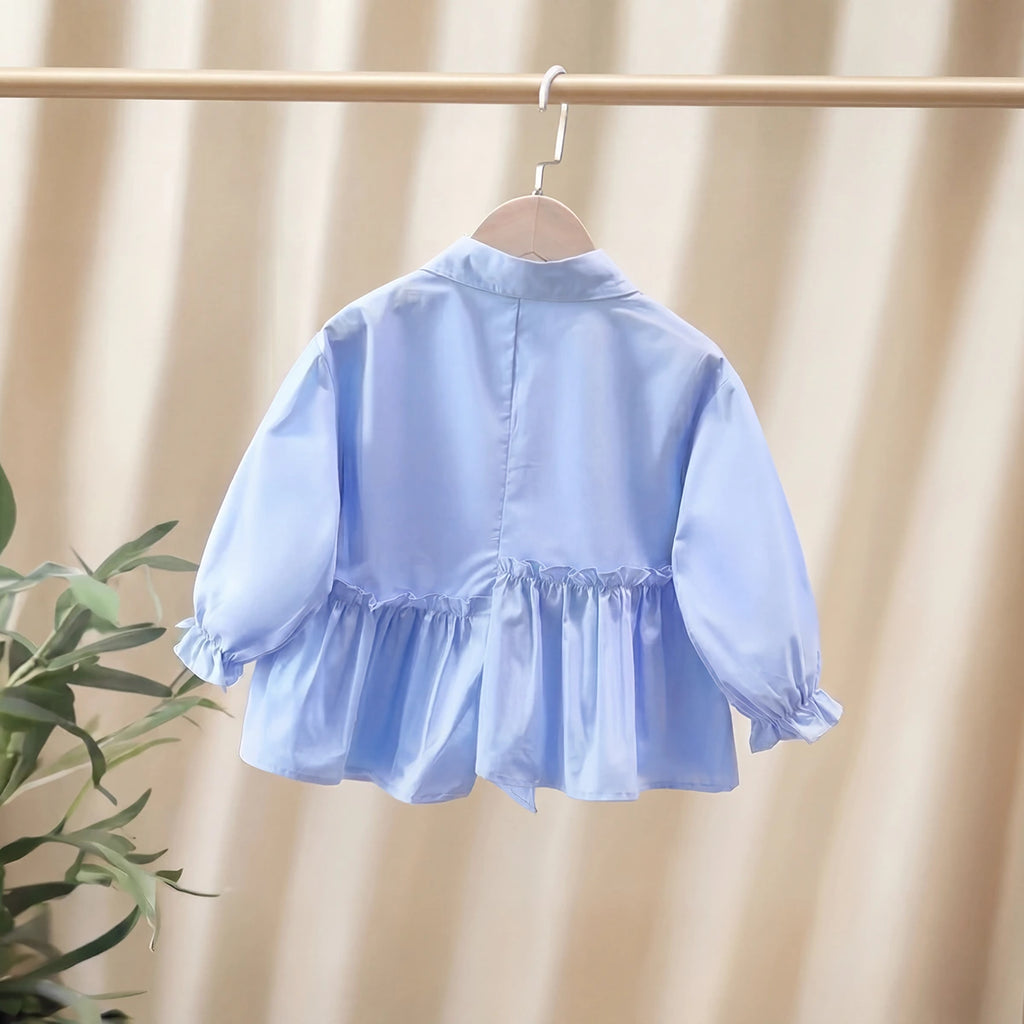 Girls Blue Cat Printed Peplum Shirt with Bow Shirts