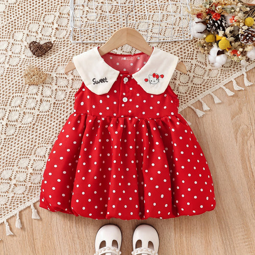 Girls Red Sleeveless Polka Dot Print Balloon Dress Casual Dresses Red 1-2 Y
