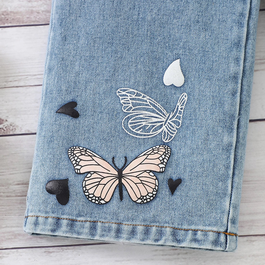 Girls Striped Short Sleeve T-Shirt With Blue Butterfly Print Denim Jeans Sets 2 pc. Sets