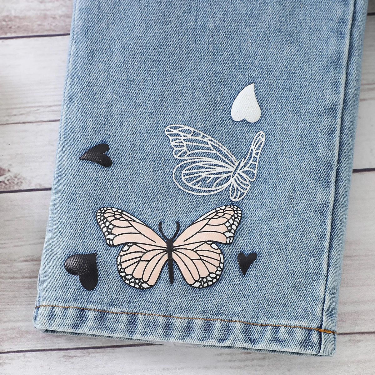 Girls Striped Short Sleeve T-Shirt With Blue Butterfly Print Denim Jeans Sets 2 pc. Sets