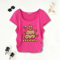 Girls Fuchsia Cartoon Printed Short Sleeves Scoop Neck T-Shirt Tshirts Fuchsia 7-8 Y
