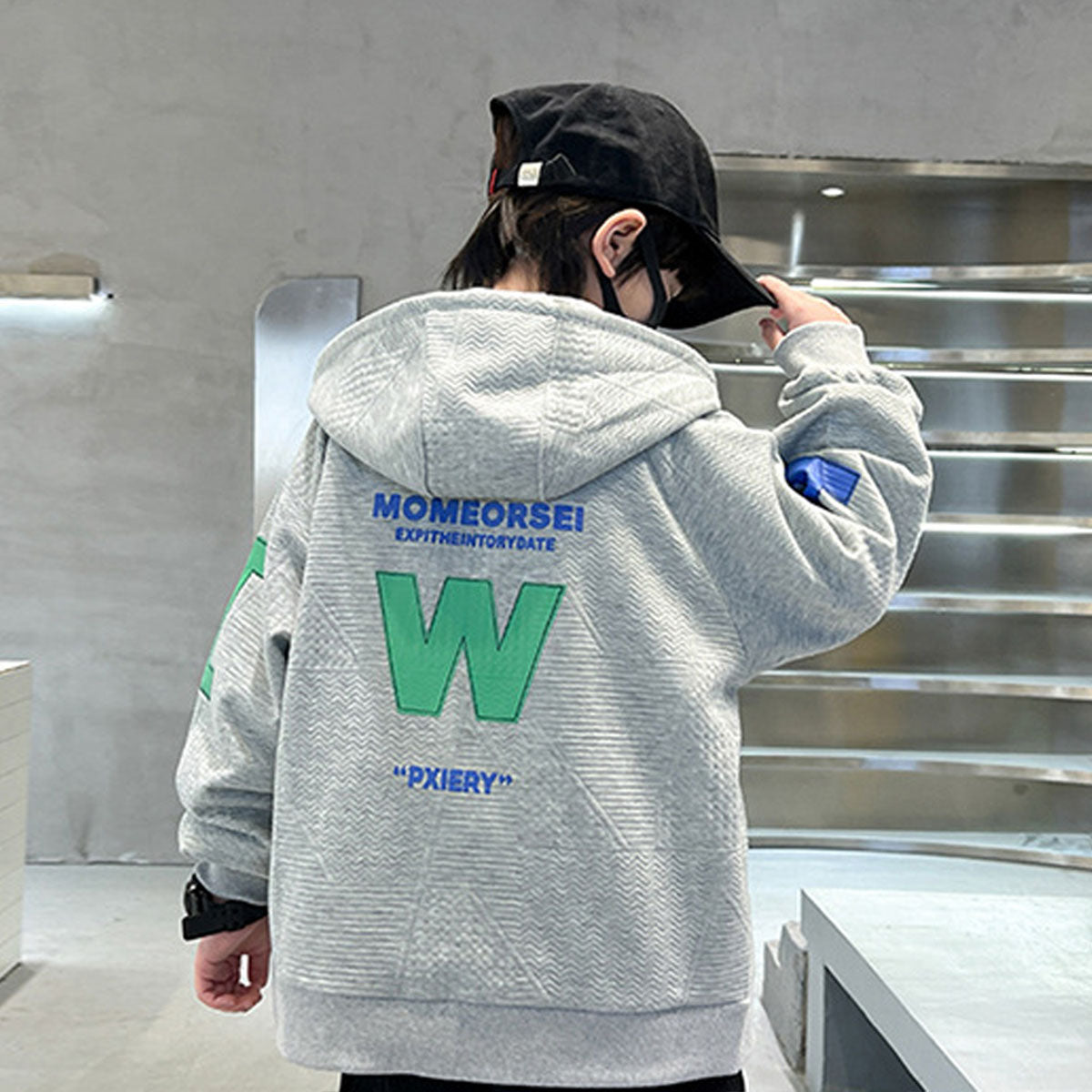 Boys Grey Textured Hooded Front Zipper Winter Jacket Sweatshirts & Hoodies