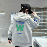 Boys Grey Textured Hooded Front Zipper Winter Jacket Sweatshirts & Hoodies