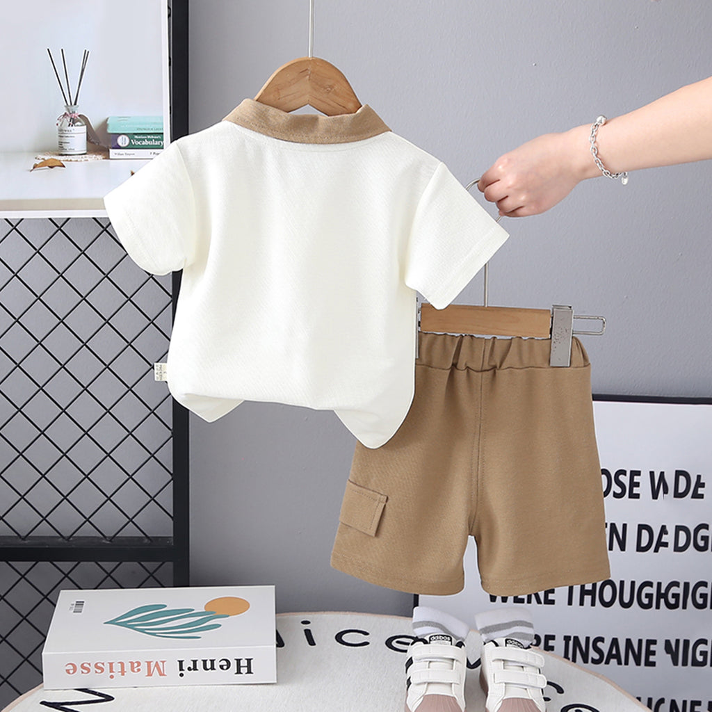 Boys Printed Contrast Collared Polo T-Shirt With Khaki Shorts Set 2 pc. Sets